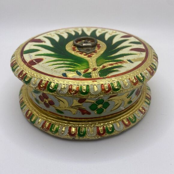 Round Wood Meenakari Box, (5.5”Multicolor Foiled) by JHC - Picture 1 of 12